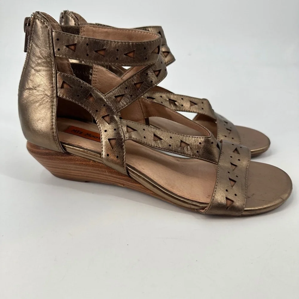 Miz Mooz Pomona Bronze Leather Cutout‎ Gladiator Wedge Sandals Women's 7.5